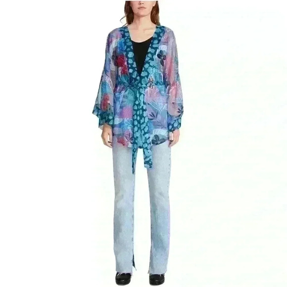 NWT Steve Madden Womens Tropical Jungle Tie Front Kimono Grap Blue Tropical OS - Picture 1 of 9